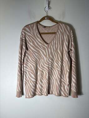 Lilla P Off White/Tan Long Sleeve V-Neck Sweater Sz M